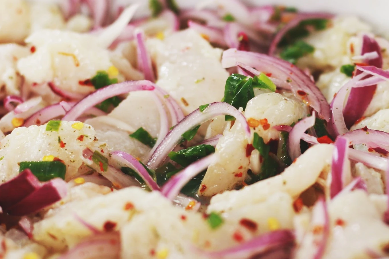 Foto de cerca de un plato de ceviche, plato típico a base de pescado